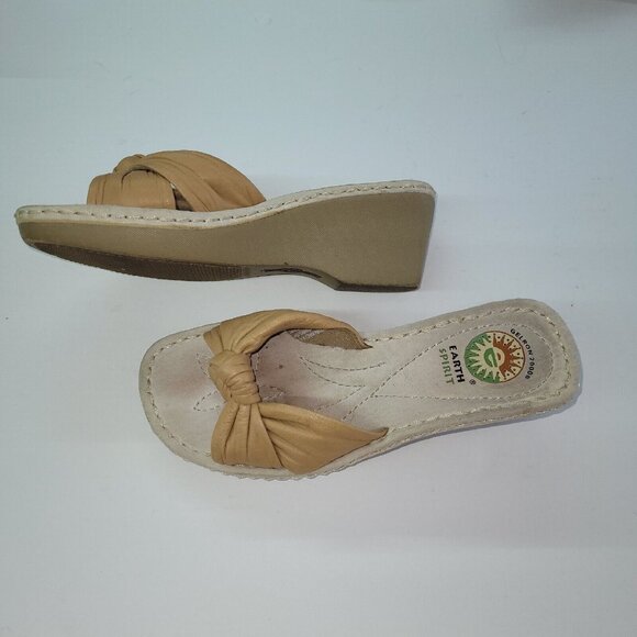 Earth Spirit Shoe Womens Size 7 Liberty Sandal Tan Leather Knot‎ 2.5" Heel - Picture 2 of 12